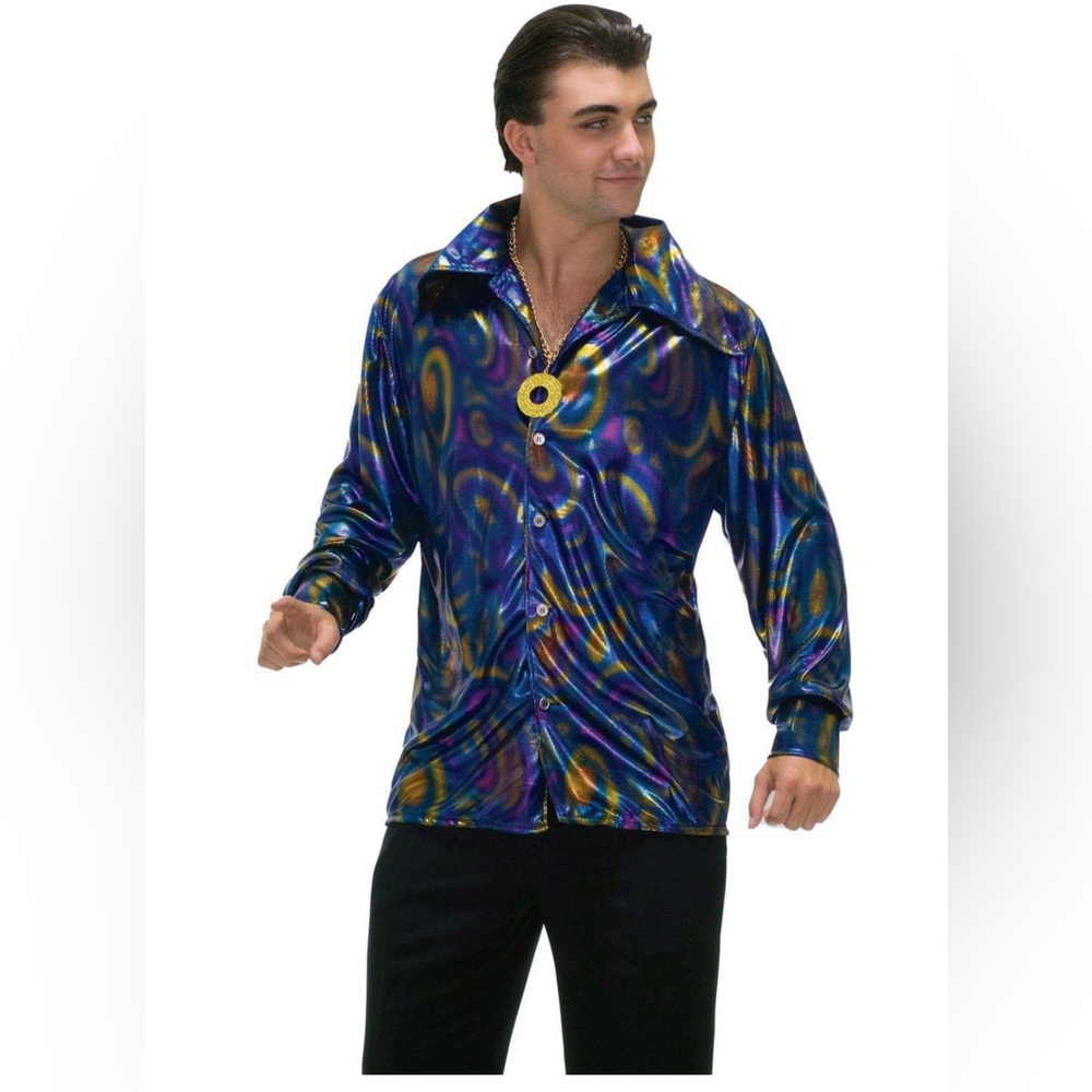 Men's Blue Metallic Dynomite Disco Dude Shirt costume size XL